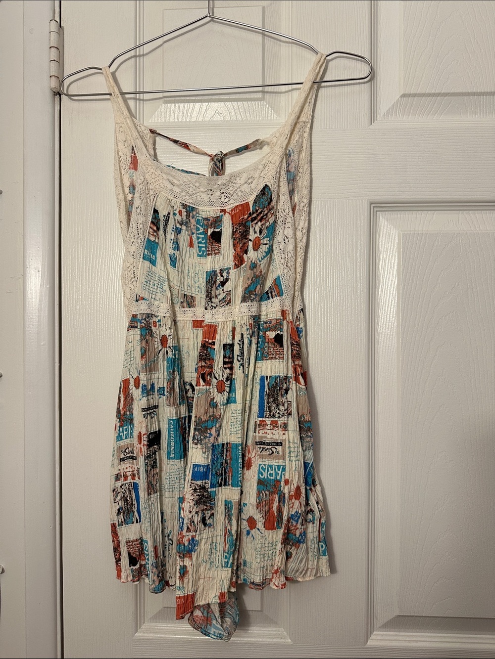 Boho Cream Lace Sundress with Teal & Rust Print